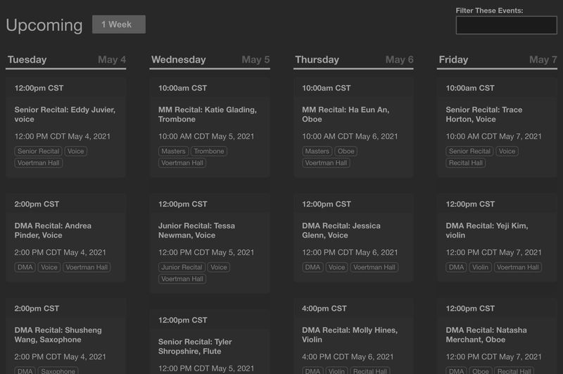 website, live schedule of upcomign events.